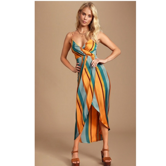  Orange Multi Striped Satin High-Low Midi Dress - Picture 2 of 6